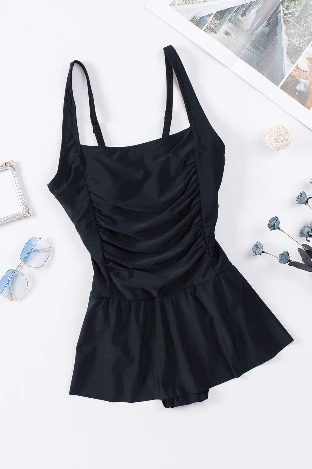 Ruched Square Neck Sleeveless One-Piece Swimwear One-piece Bikini