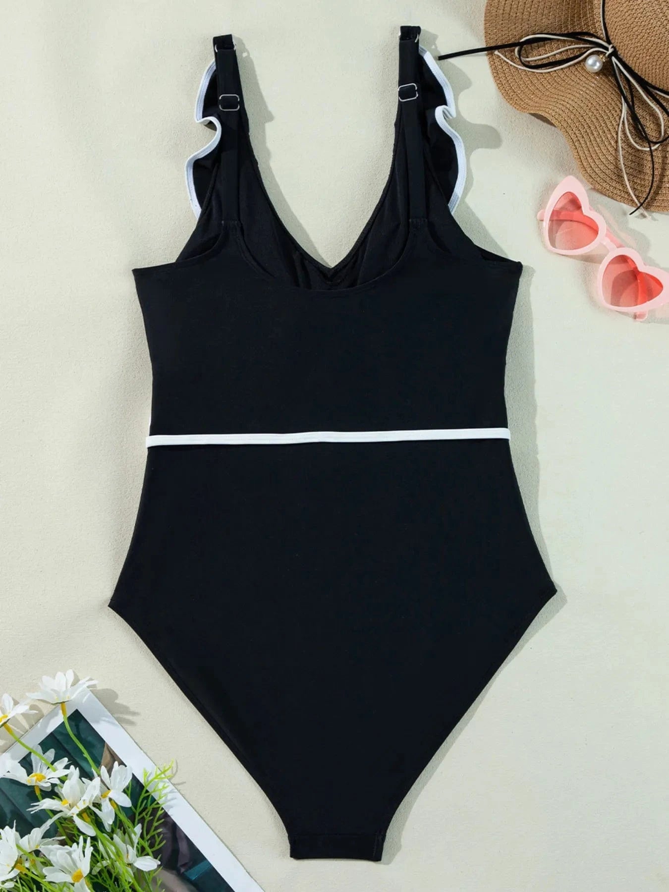 Ruffle Trim V-Neck One-Piece Swimsuit One piece bikini