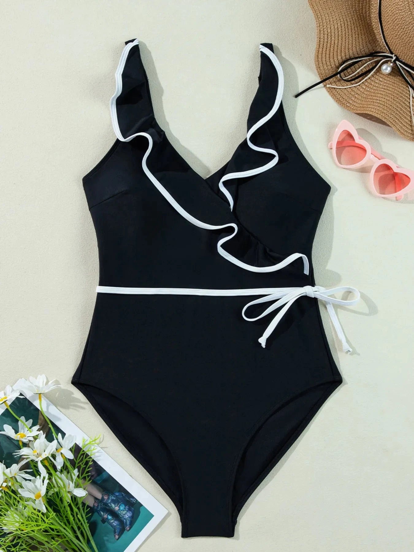 Ruffle Trim V-Neck One-Piece Swimsuit One piece bikini