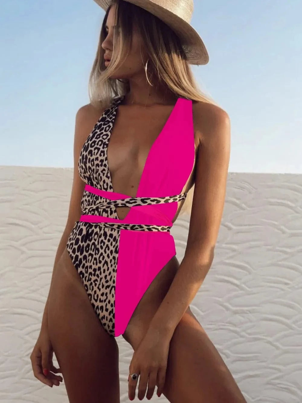 Tied Leopard Plunge One-Piece Swimwear One-piece Bikini