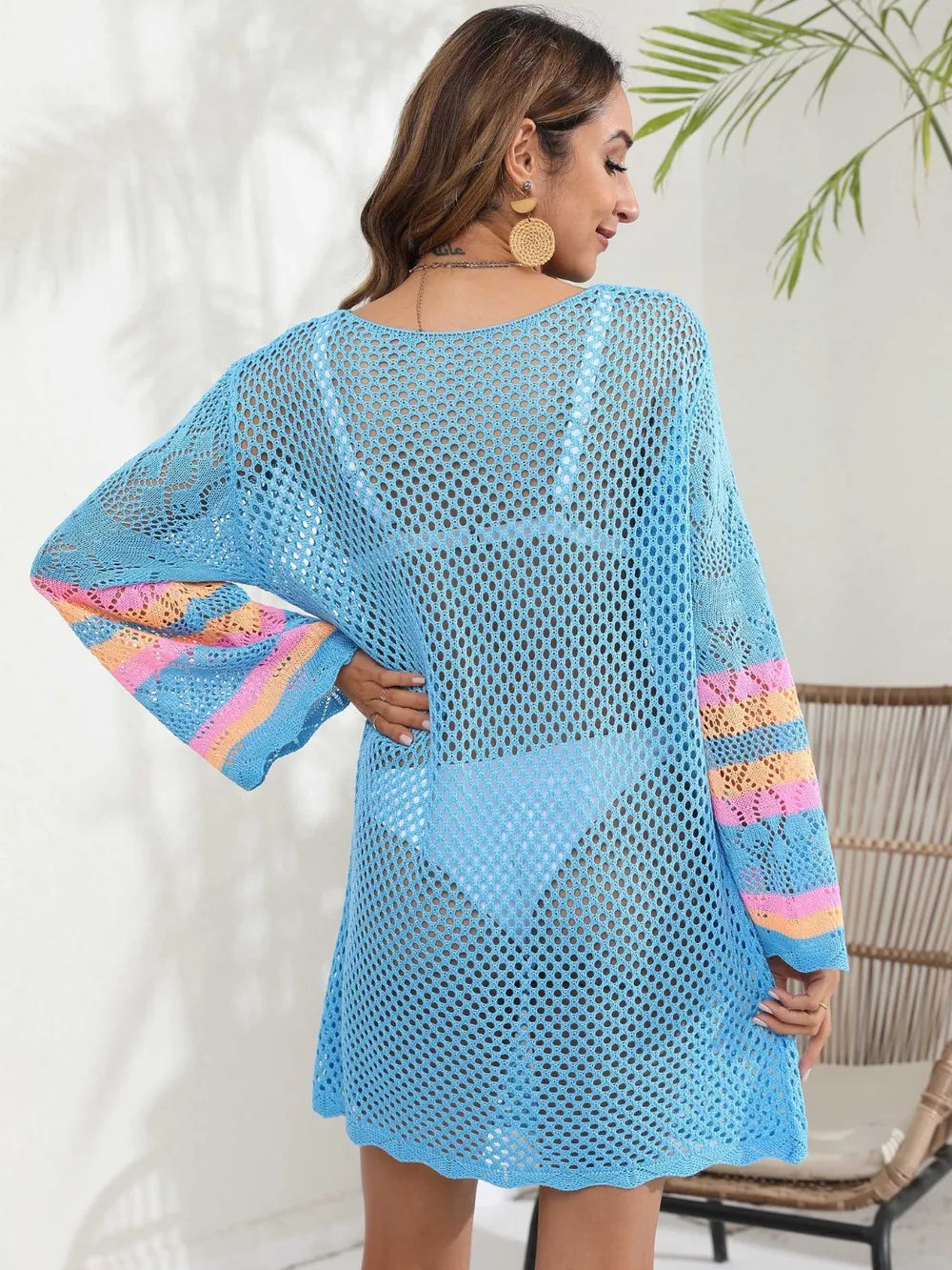 Openwork Contrast Long Sleeve Cover Up