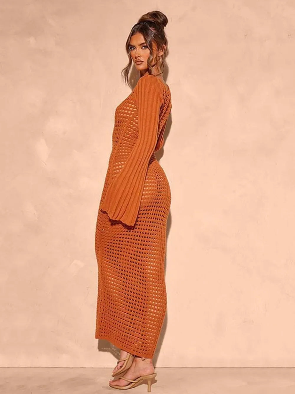 Openwork Square Neck Flare Sleeve Cover Up Dress