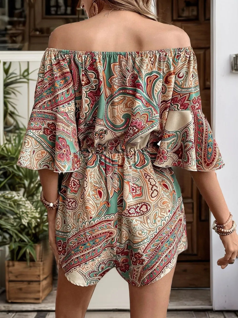 Combi-short imprimé à épaules dénudées et manches volantées