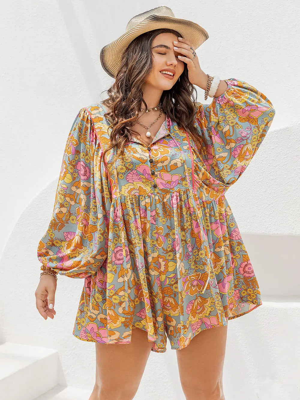 Plus Size Floral Tie-Neck Balloon-Sleeve Romper