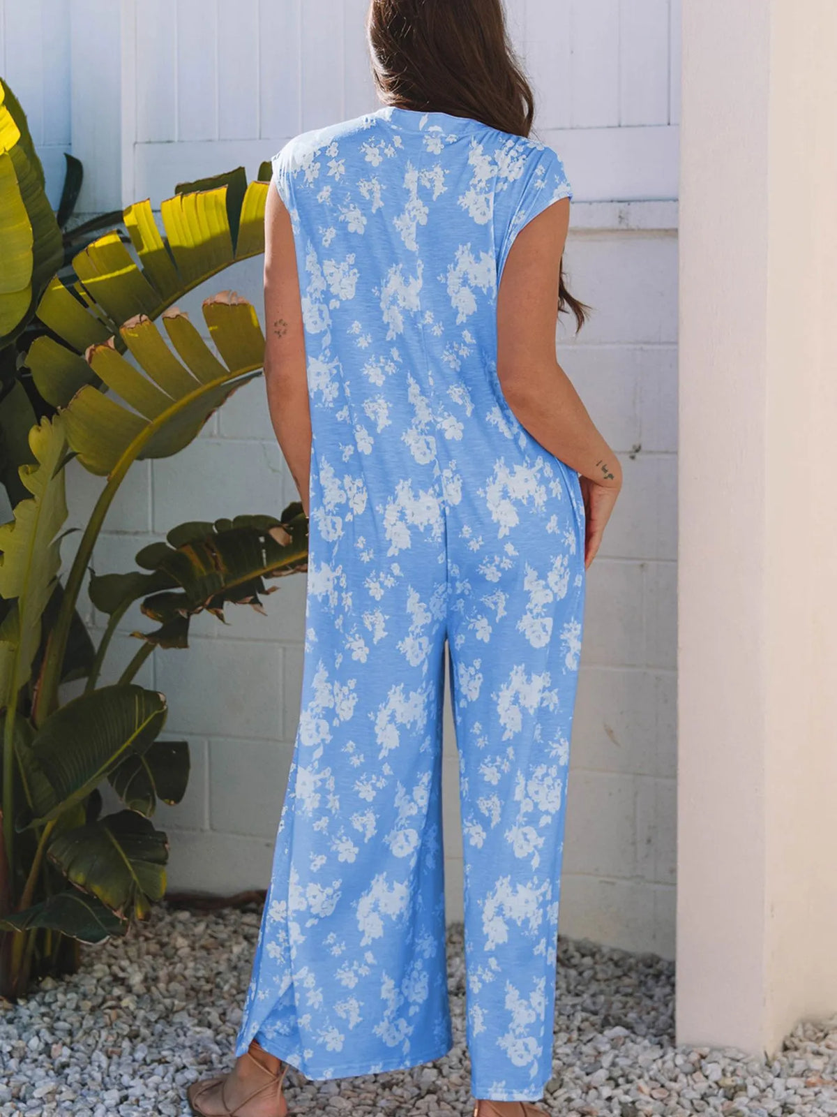 Printed Button-Front Wide-Leg Jumpsuit with Pockets
