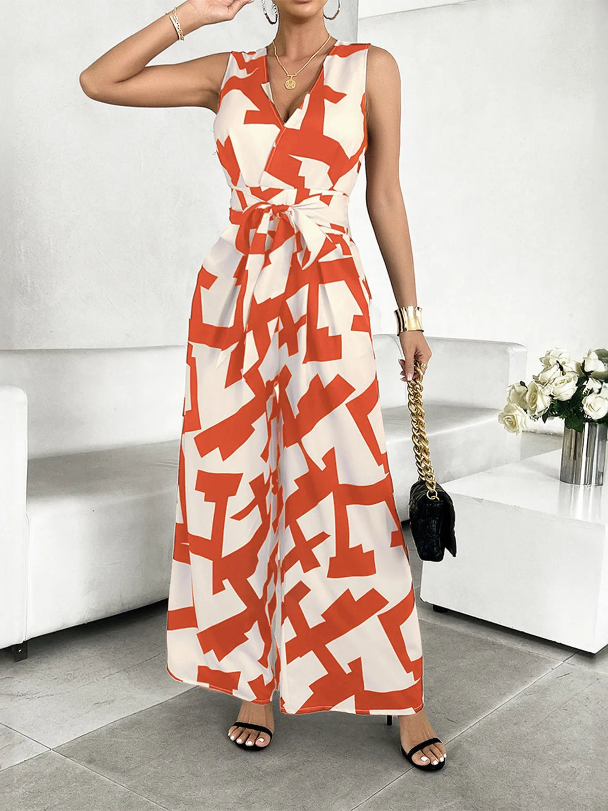 Printed Tie-Waist Wide-Leg Jumpsuit with Pockets