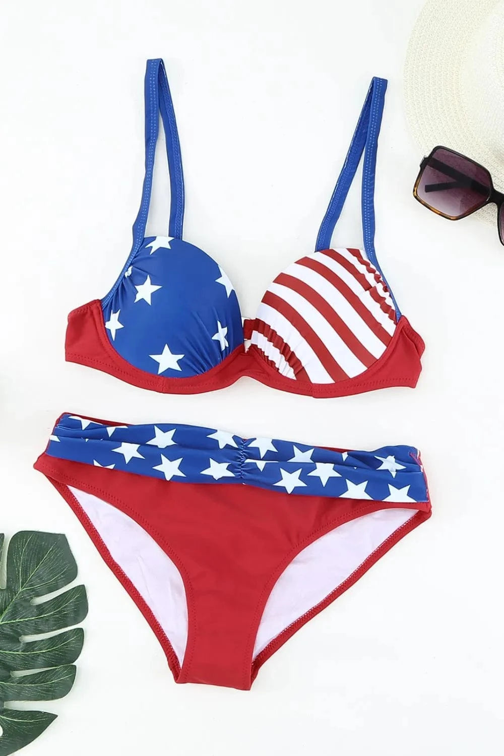 Red Blue Printed Ruched Bikini Set