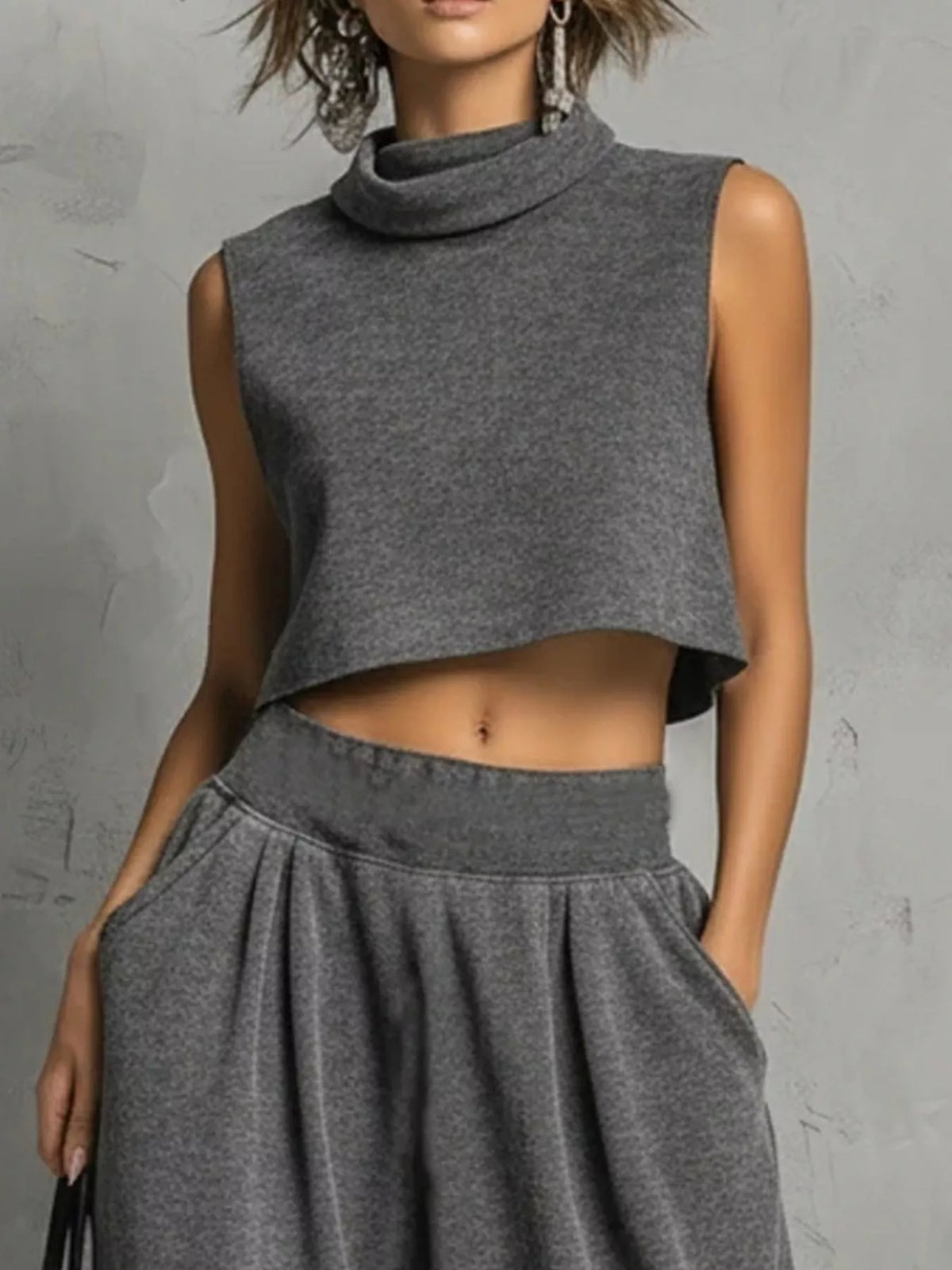 Sleeveless Mock Neck Crop Top & Wide-Leg Pants Set