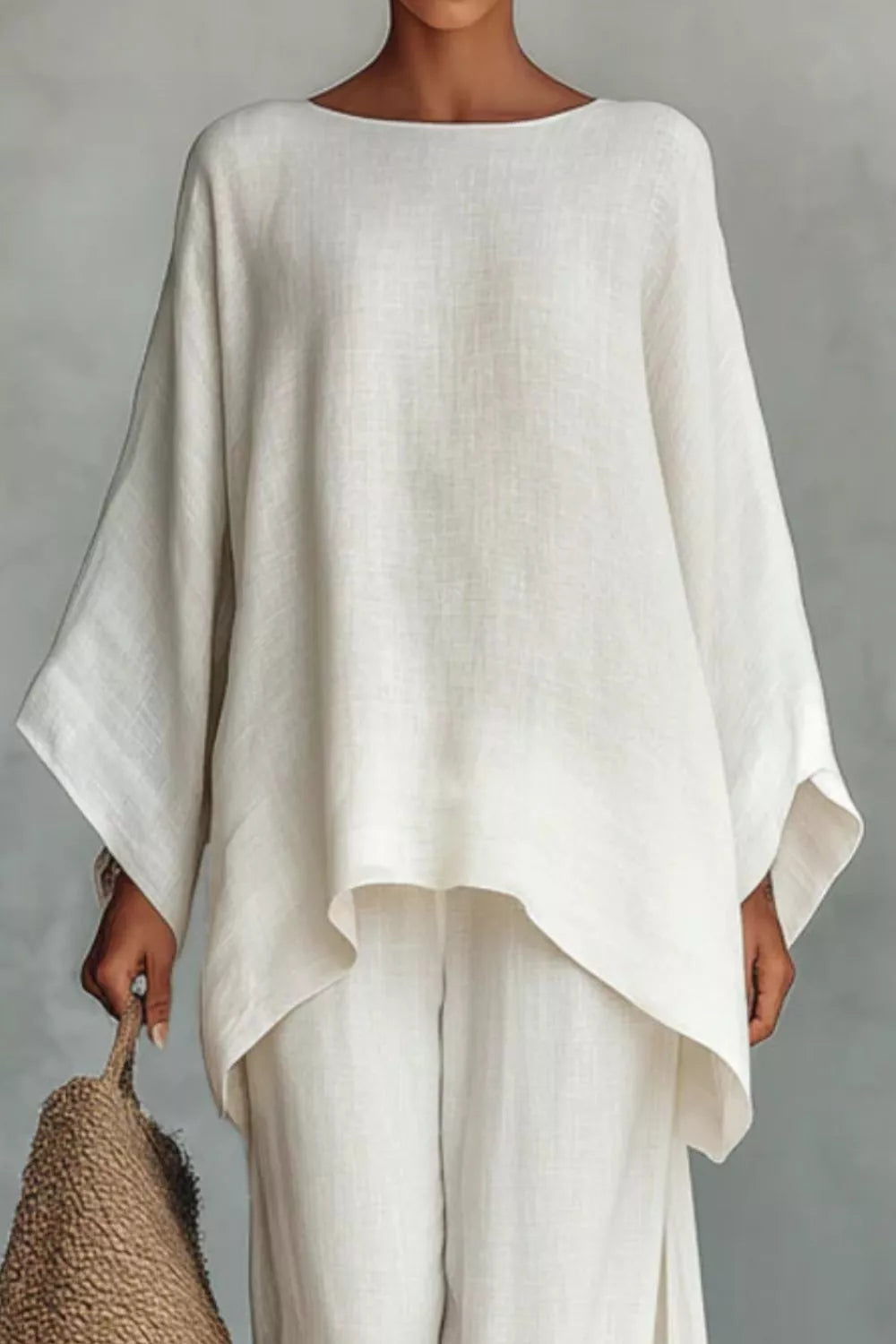 Ensemble top manches longues et pantalon large de couleur unie