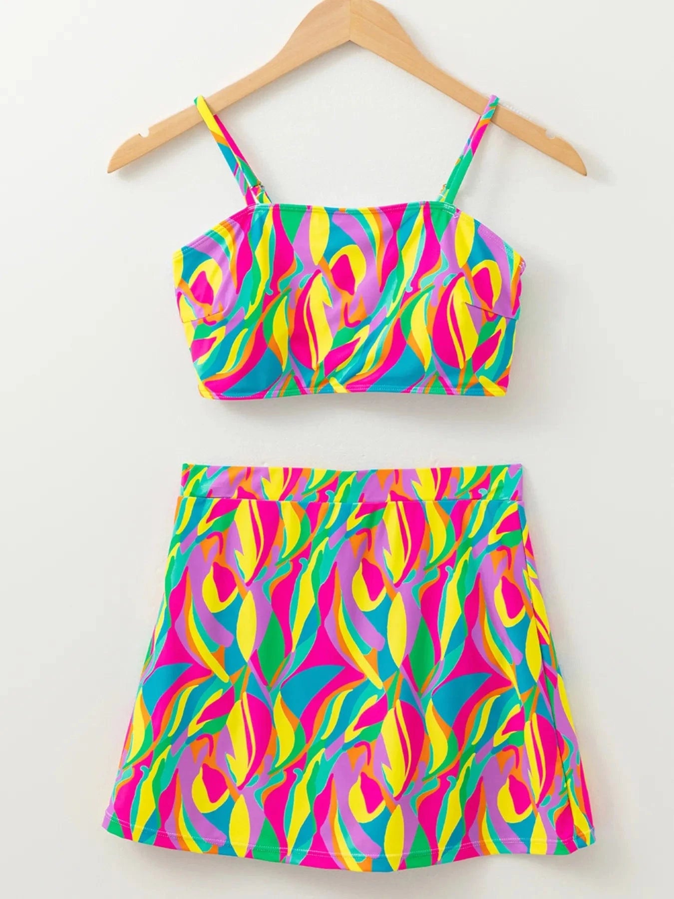 Multicolour Abstract Print Textured Spaghetti Strap High Waist Bikini Set Spaghetti Strap high wasted Swimset