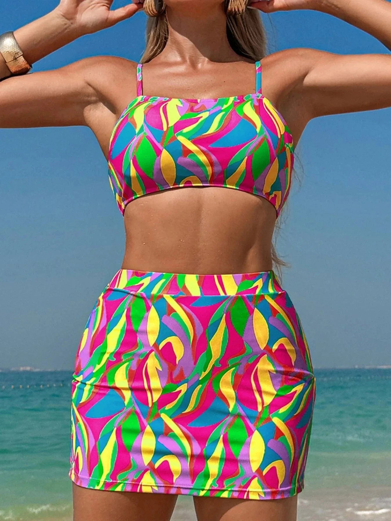 Multicolour Abstract Print Textured Spaghetti Strap High Waist Bikini Set Spaghetti Strap high wasted Swimset