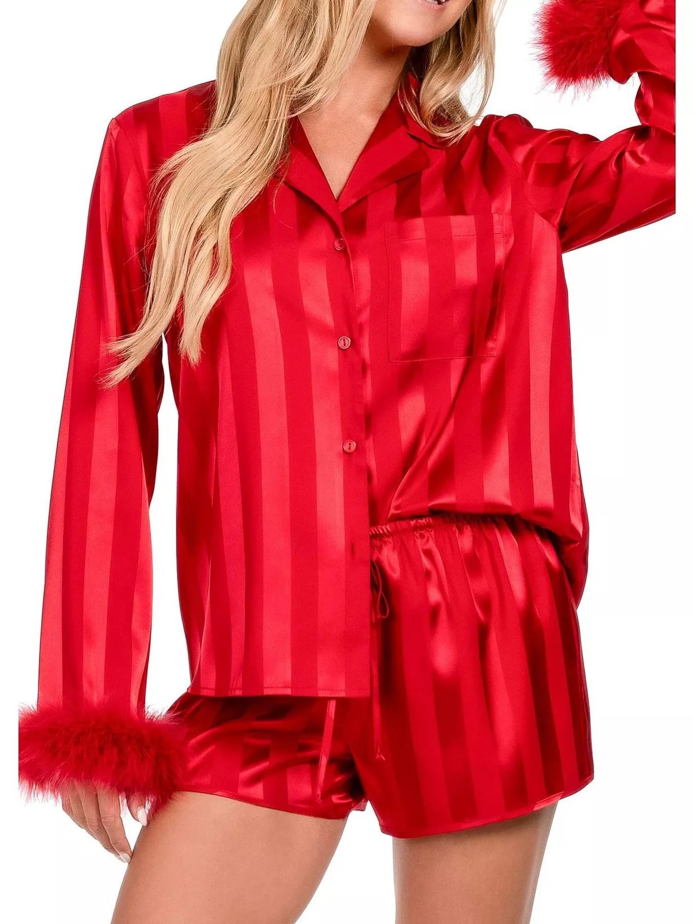 Striped Satin Feather Trim Lounge Set