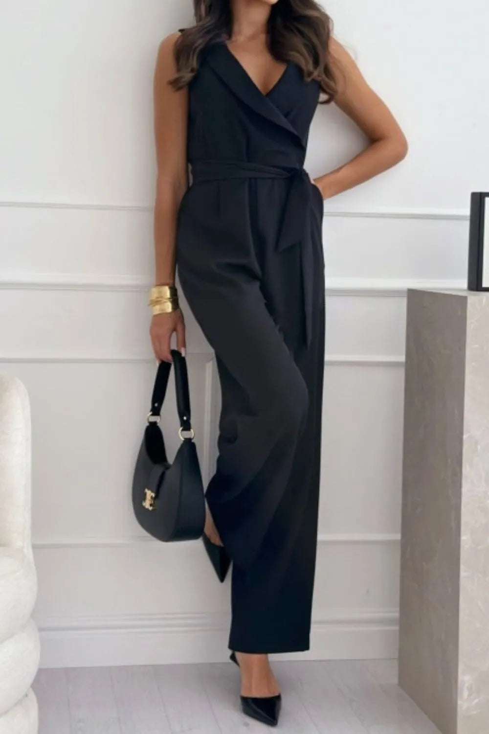Surplice Tie-Waist Wide-Leg Jumpsuit with Pockets