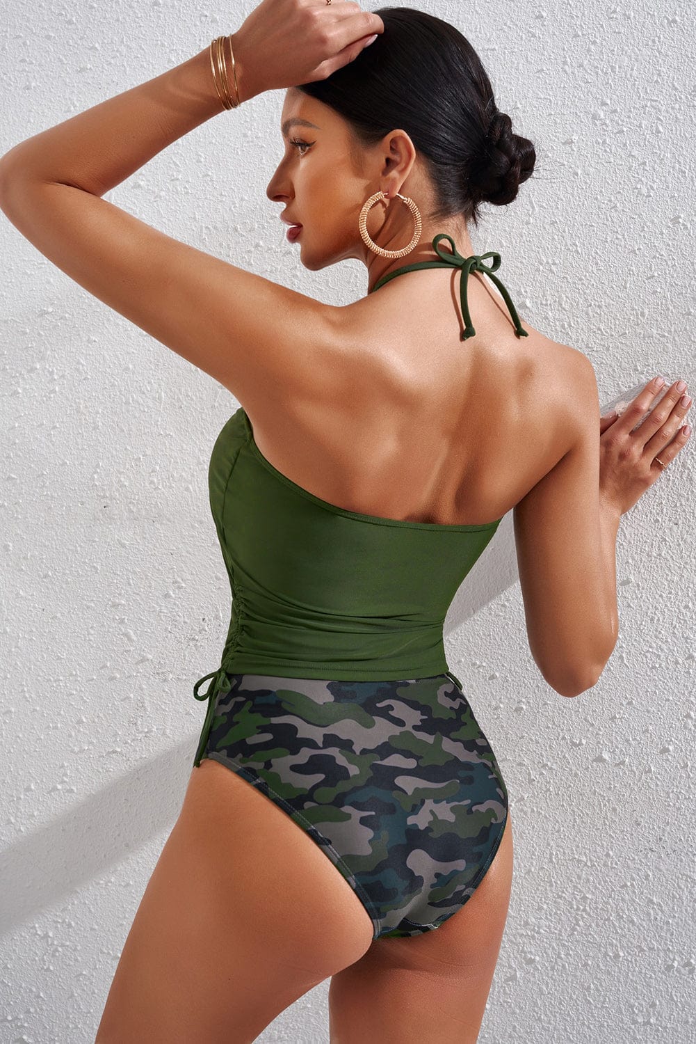 Drawstring Ruched Halter Neck Swim Top and Camouflage Bottoms Set swim bottoms