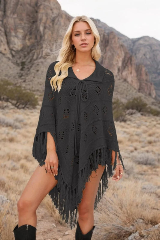 Black Tassel Hem Knit Cover Up swim tops