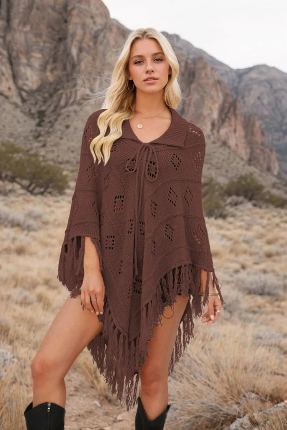 Brown Tassel Hem Knit Cover Up swim tops