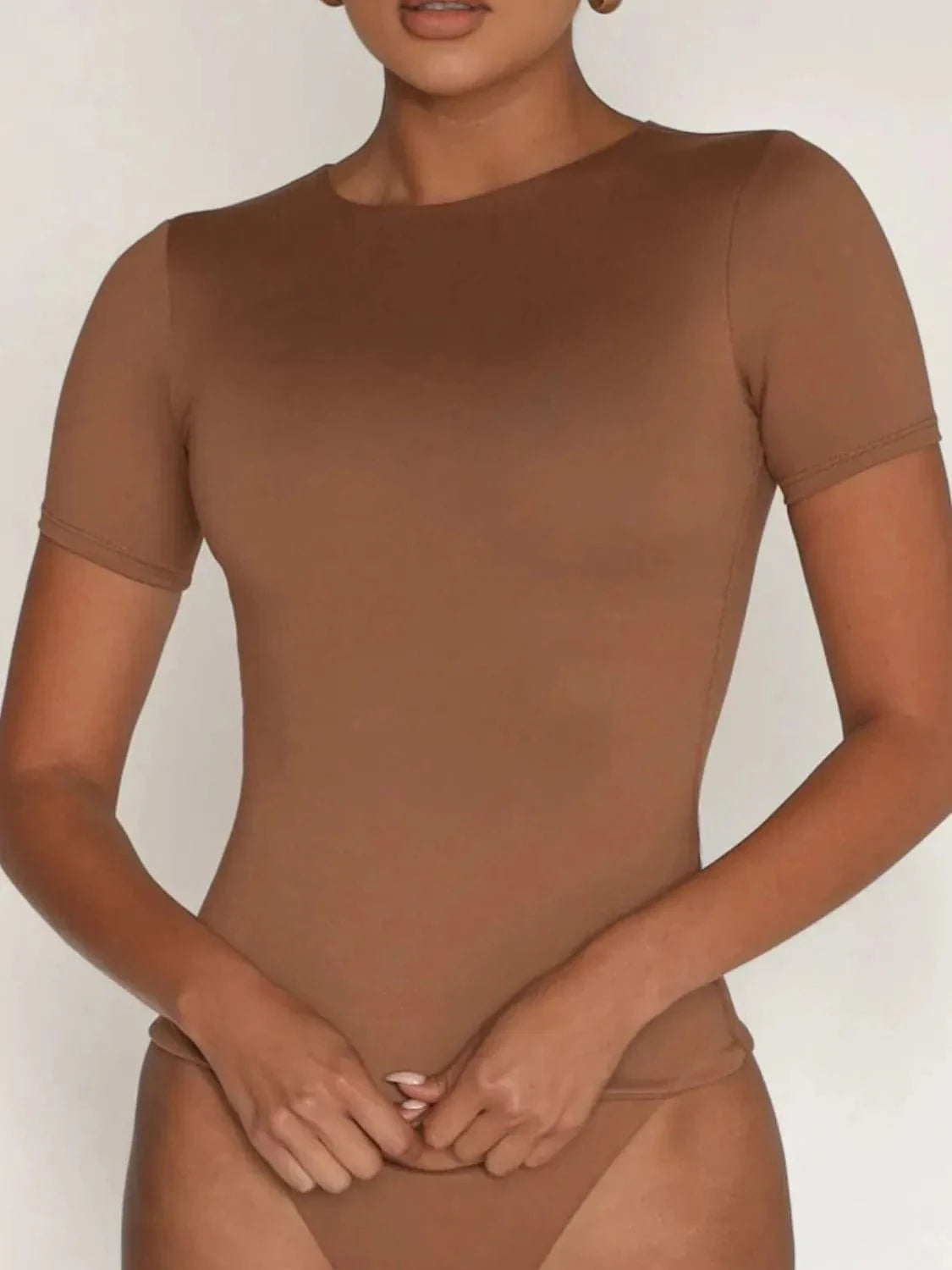 Caramel Round Neck Short Sleeve Swim Top swim tops
