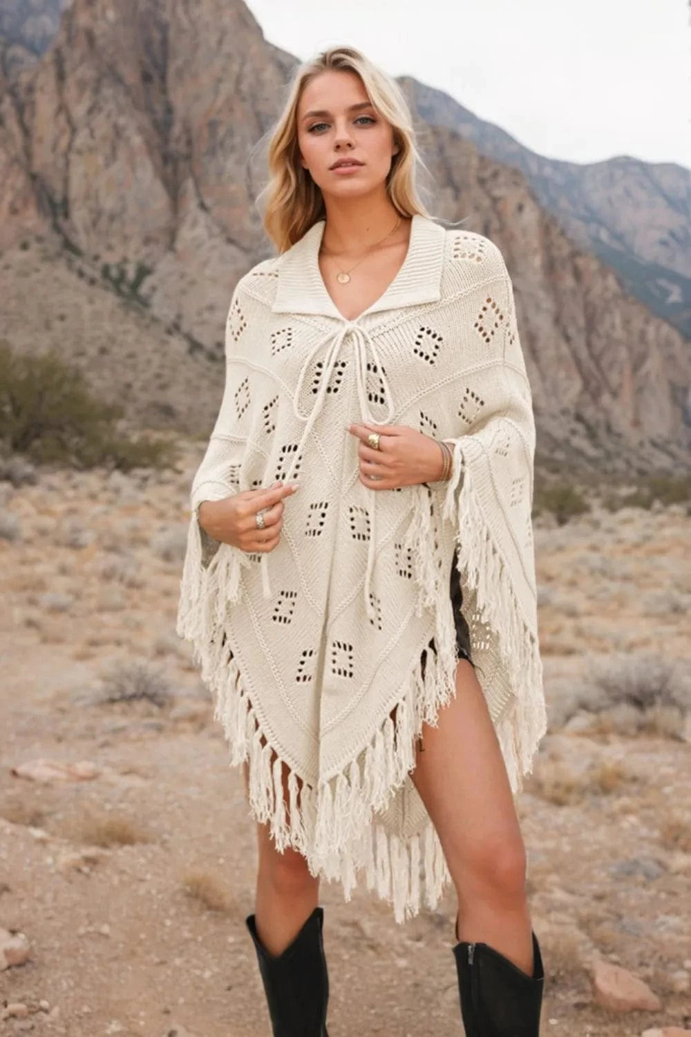 Cream Tassel Hem Knit Cover Up swim tops