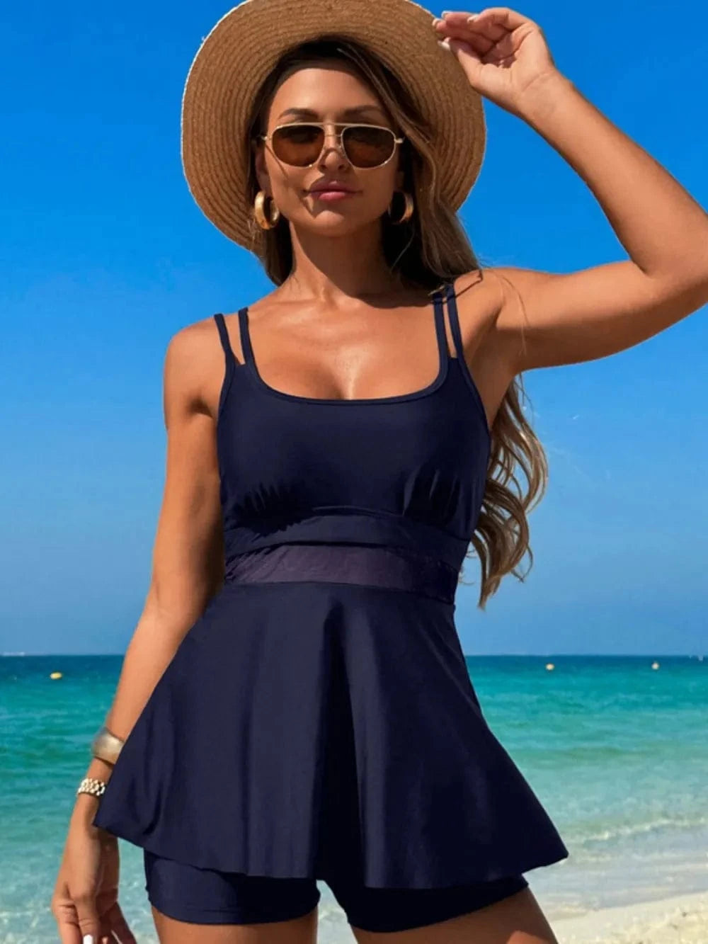 Dark Navy Scoop Neck Double Spaghetti Strap Top and Shorts Set swim tops