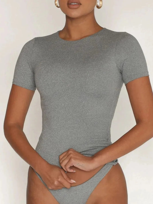 Gray Round Neck Short Sleeve Swim Top swim tops