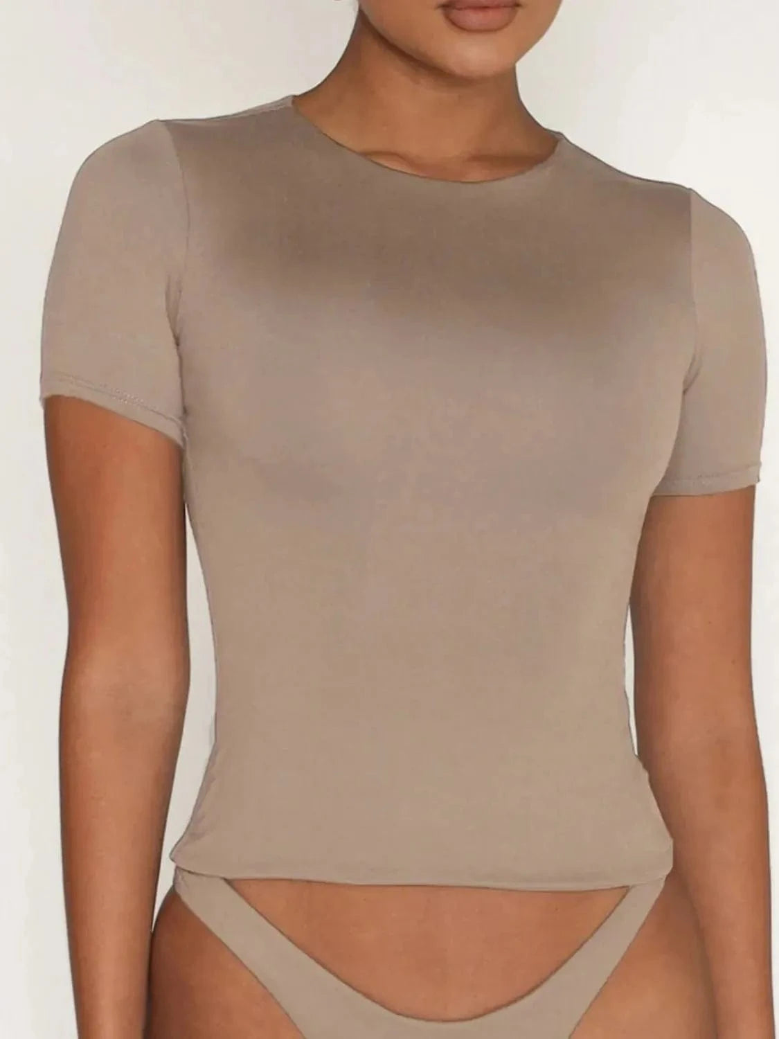 Khaki Round Neck Short Sleeve Swim Top swim tops