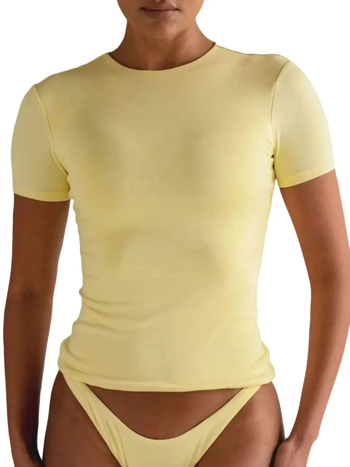Pastel Yellow Round Neck Short Sleeve Swim Top swim tops