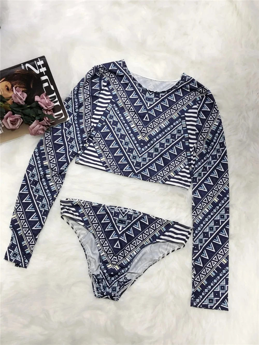 Printed Long Sleeve Top and Brief Swim Set swim tops
