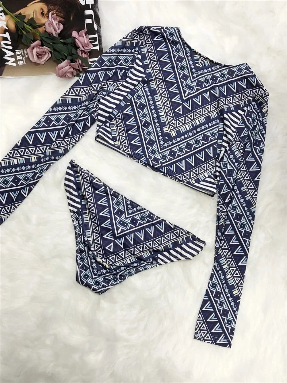 Printed Long Sleeve Top and Brief Swim Set swim tops