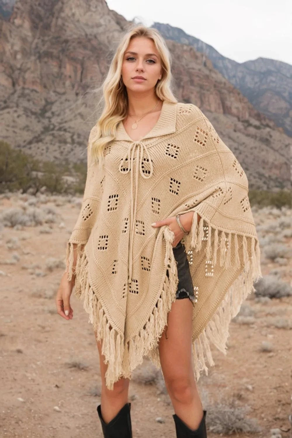 Tan Tassel Hem Knit Cover Up swim tops