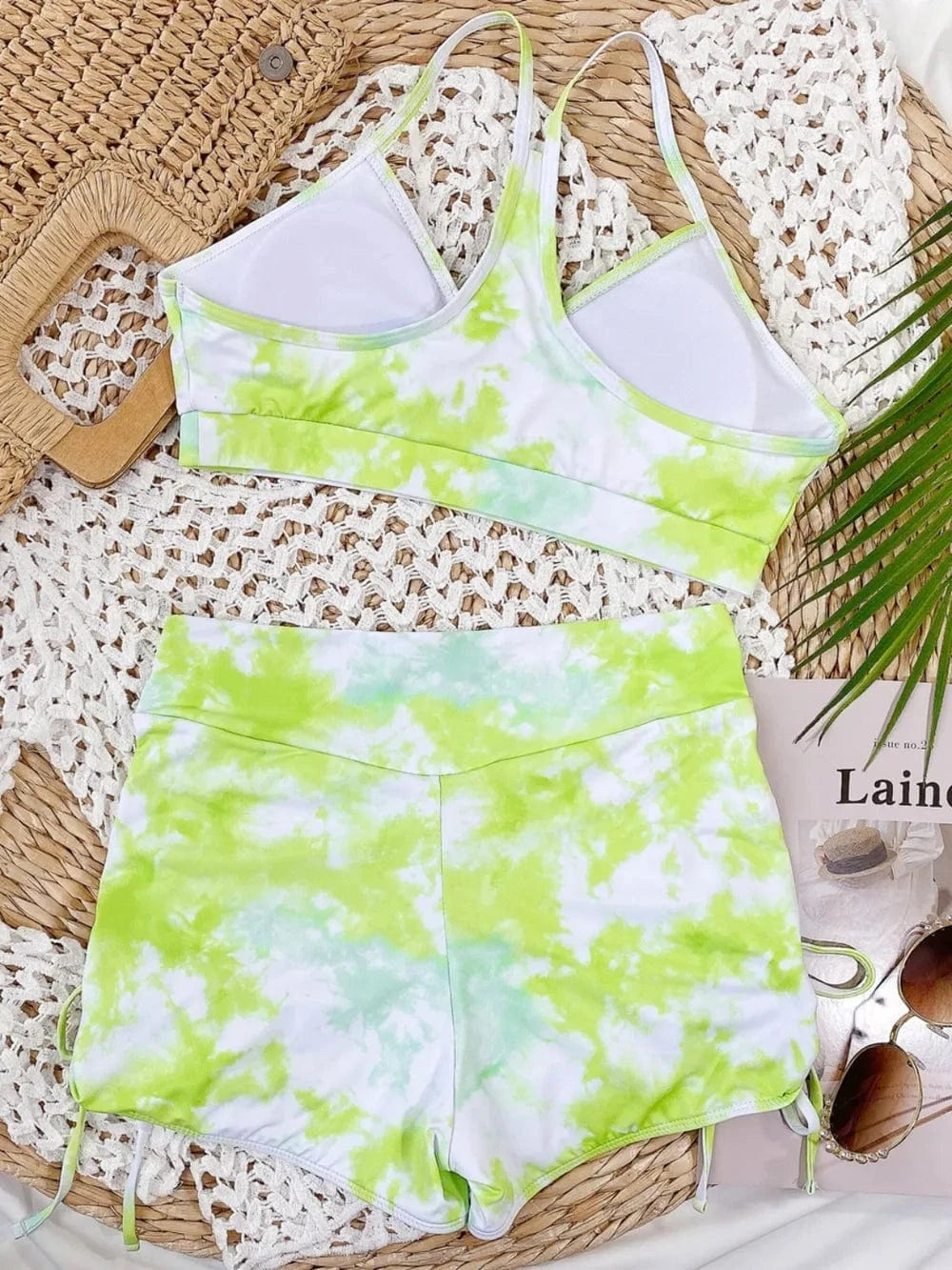 Tie-Dye Spaghetti Strap Top and Drawstring Shorts Swim Set swim tops
