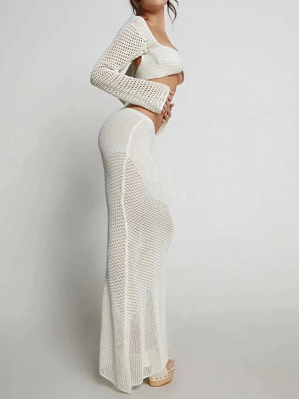 Tied Long Sleeve Top and Skirt Cover Up Set swim tops