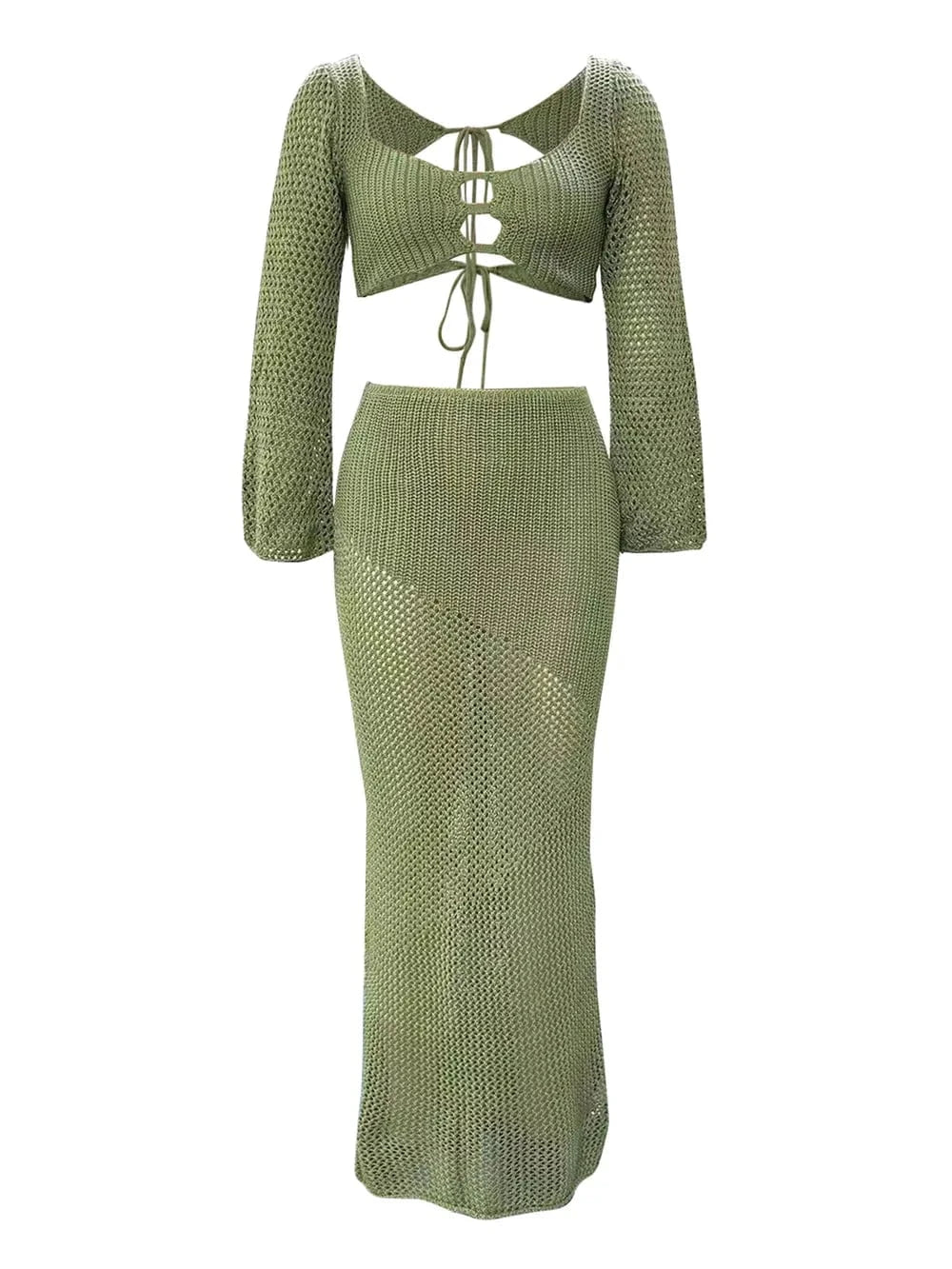 Tied Long Sleeve Top and Skirt Cover Up Set swim tops