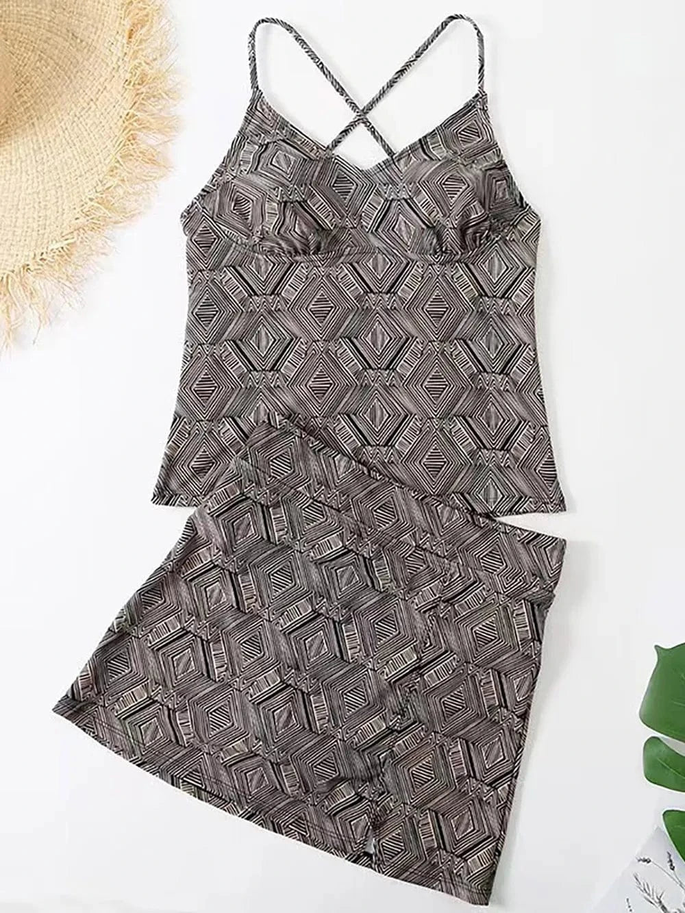 V-Neck Spaghetti Strap Top and Skirt Swim Set swim tops