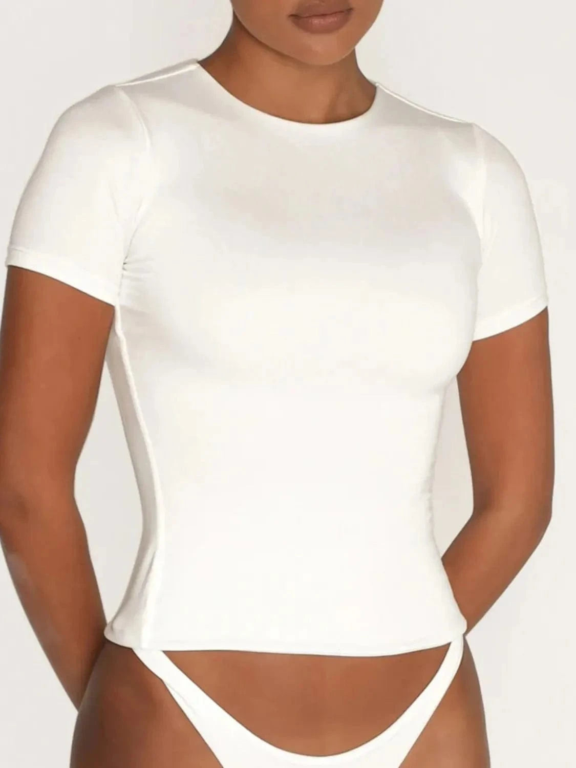 White Round Neck Short Sleeve Swim Top swim tops