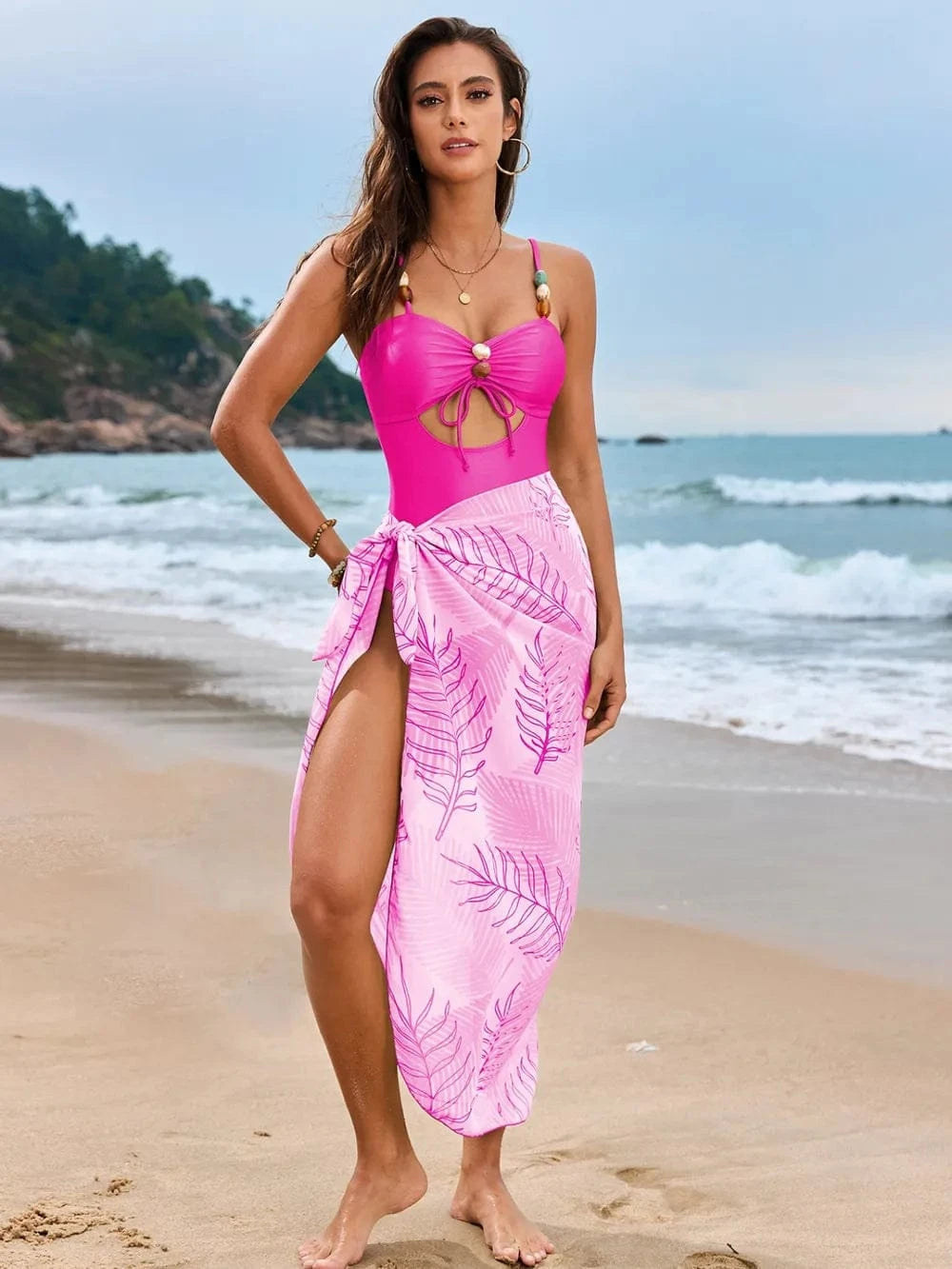 Hot Pink Cutout Sweetheart Neck One-Piece Swimwear and Cover-Up Swim Set swimset