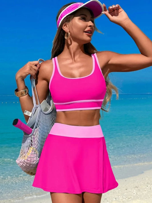 Hot Pink Scoop Neck Top and Skort Swim Set swimset
