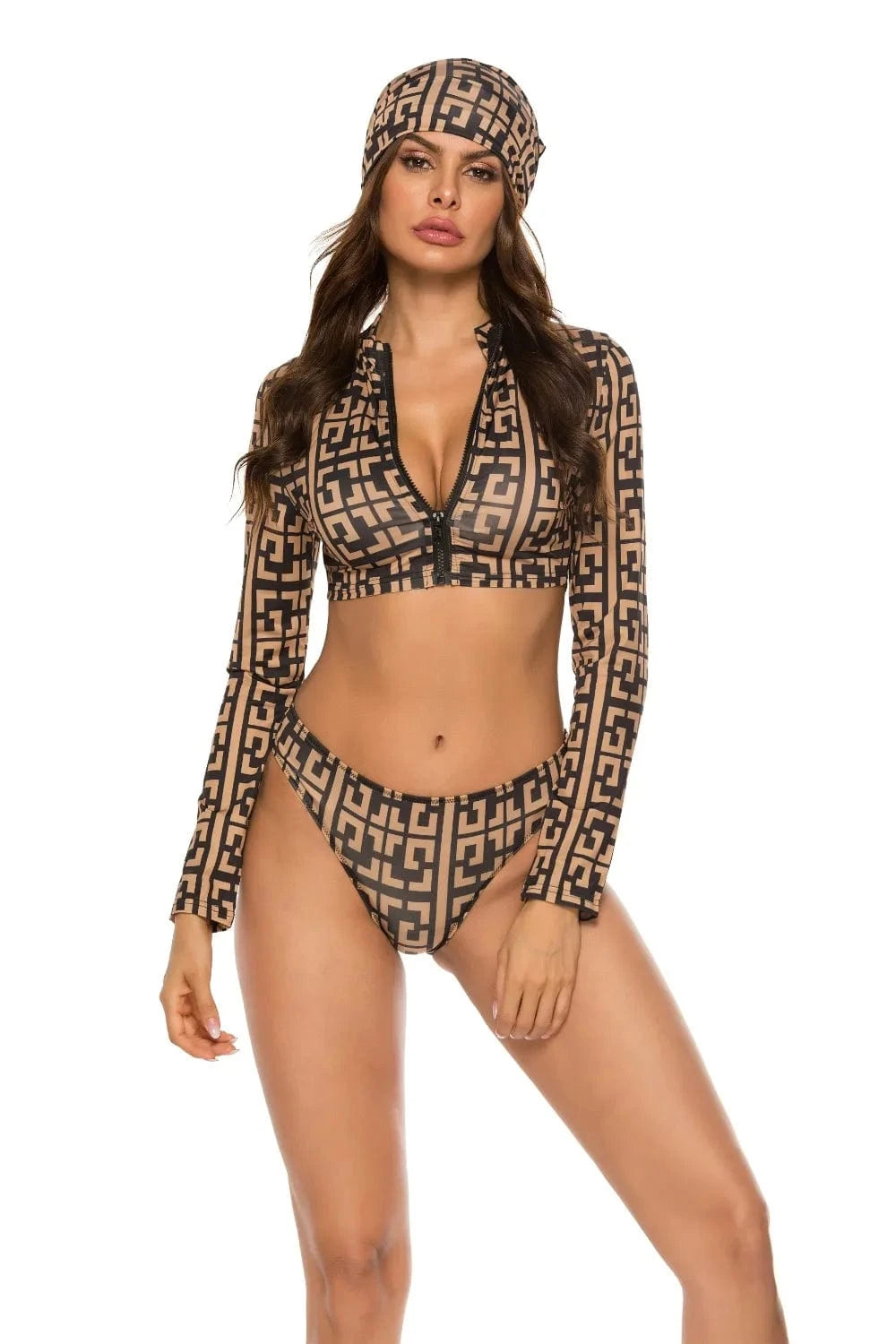 Khaki Printed Zip Up Three-Piece Swim Set swimset