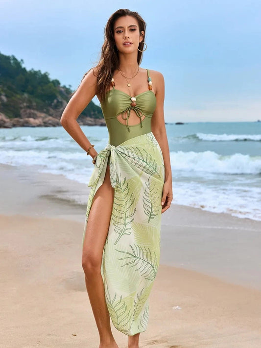 Matcha Green Cutout Sweetheart Neck One-Piece Swimwear and Cover-Up Swim Set swimset