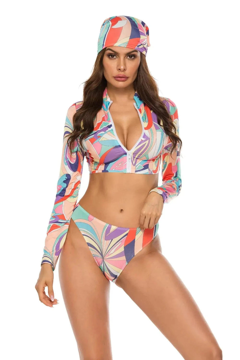 Multicolor Printed Zip Up Three-Piece Swim Set swimset