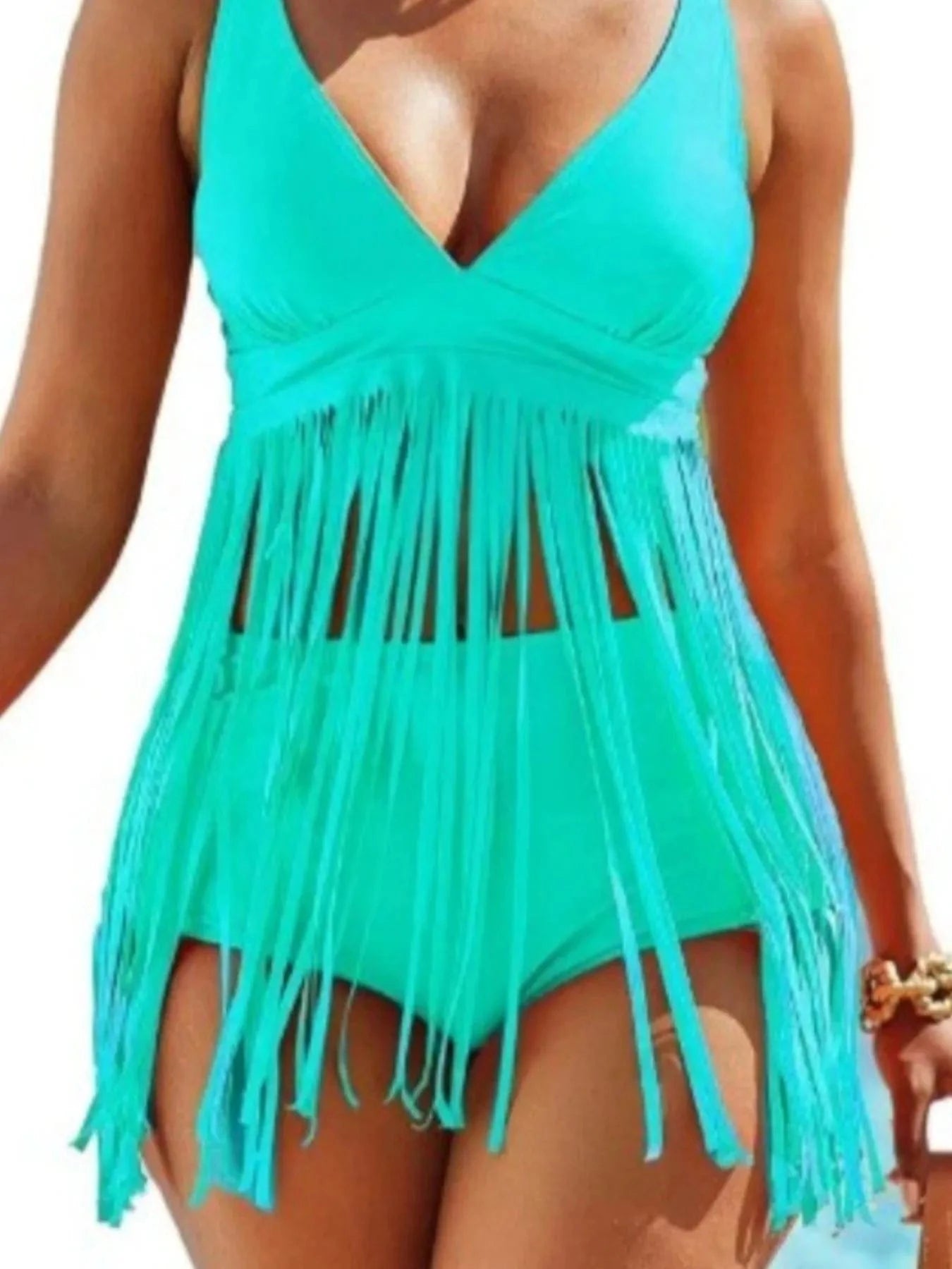 Plus Size Fringe V-Neck Tankini Swim Set swimset