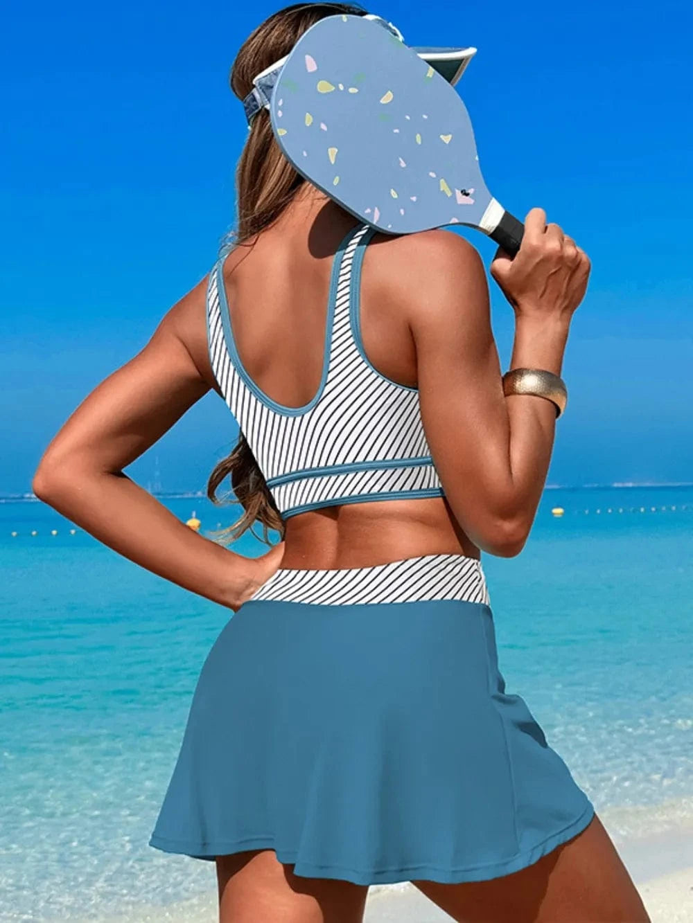 Stripe Scoop Neck Top and Skort Swim Set swimset