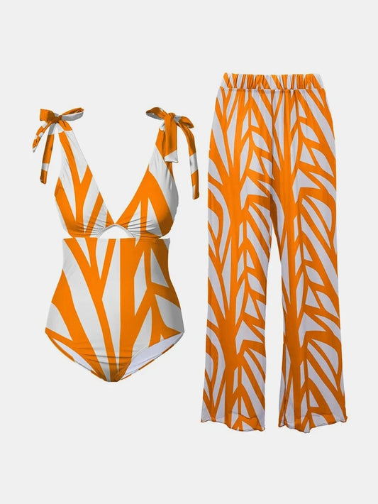 Tangerine FAM-FAM Printed Tie Shoulder Swimwear and Pants Swim Set swimset