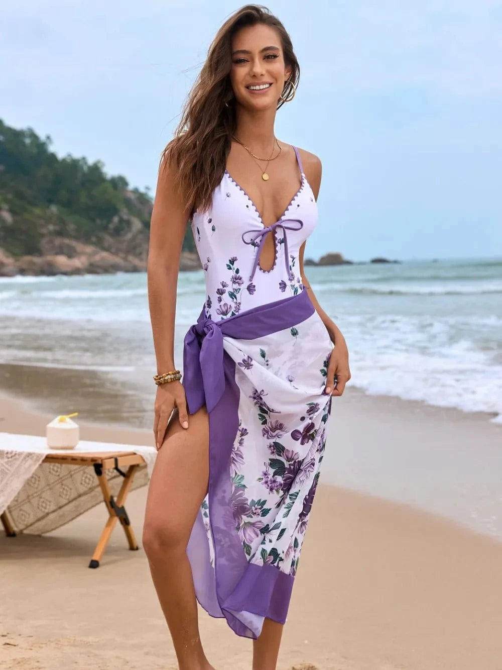 Violet Printed Spaghetti Strap One-Piece Swimwear and Cover Up Swim Set swimset