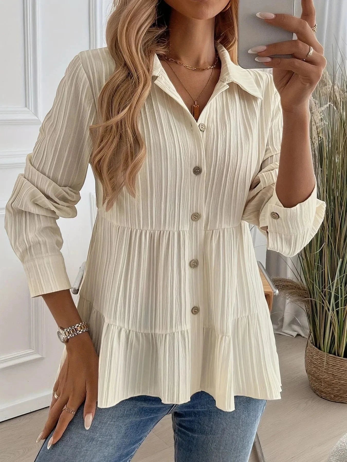 Apricot Striped Button-Down Tiered Shirt Tops and sweaters and T-Shirts