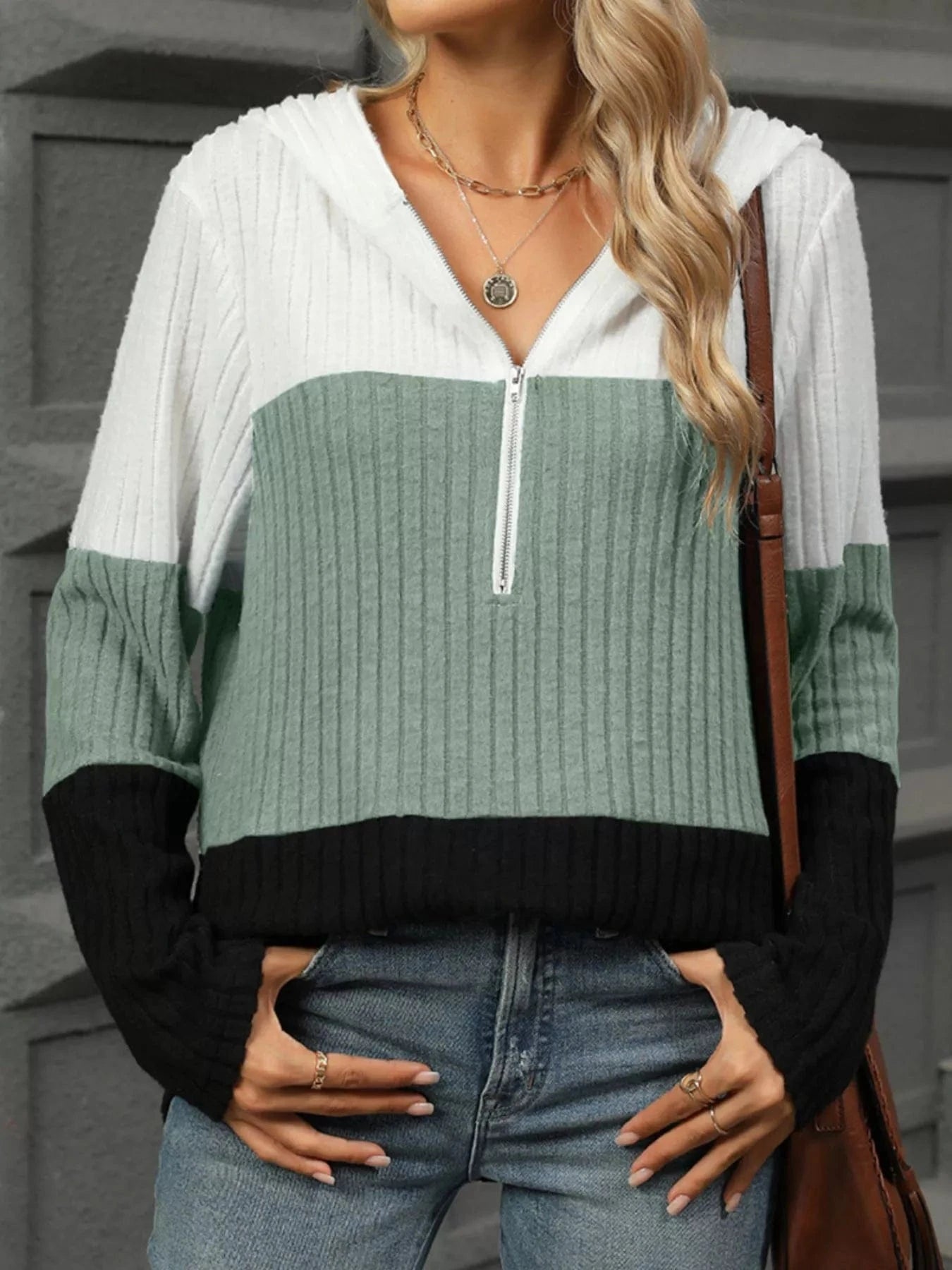 Bean Green Color Block Half Zip Hooded Top Tops and sweaters and T-Shirts