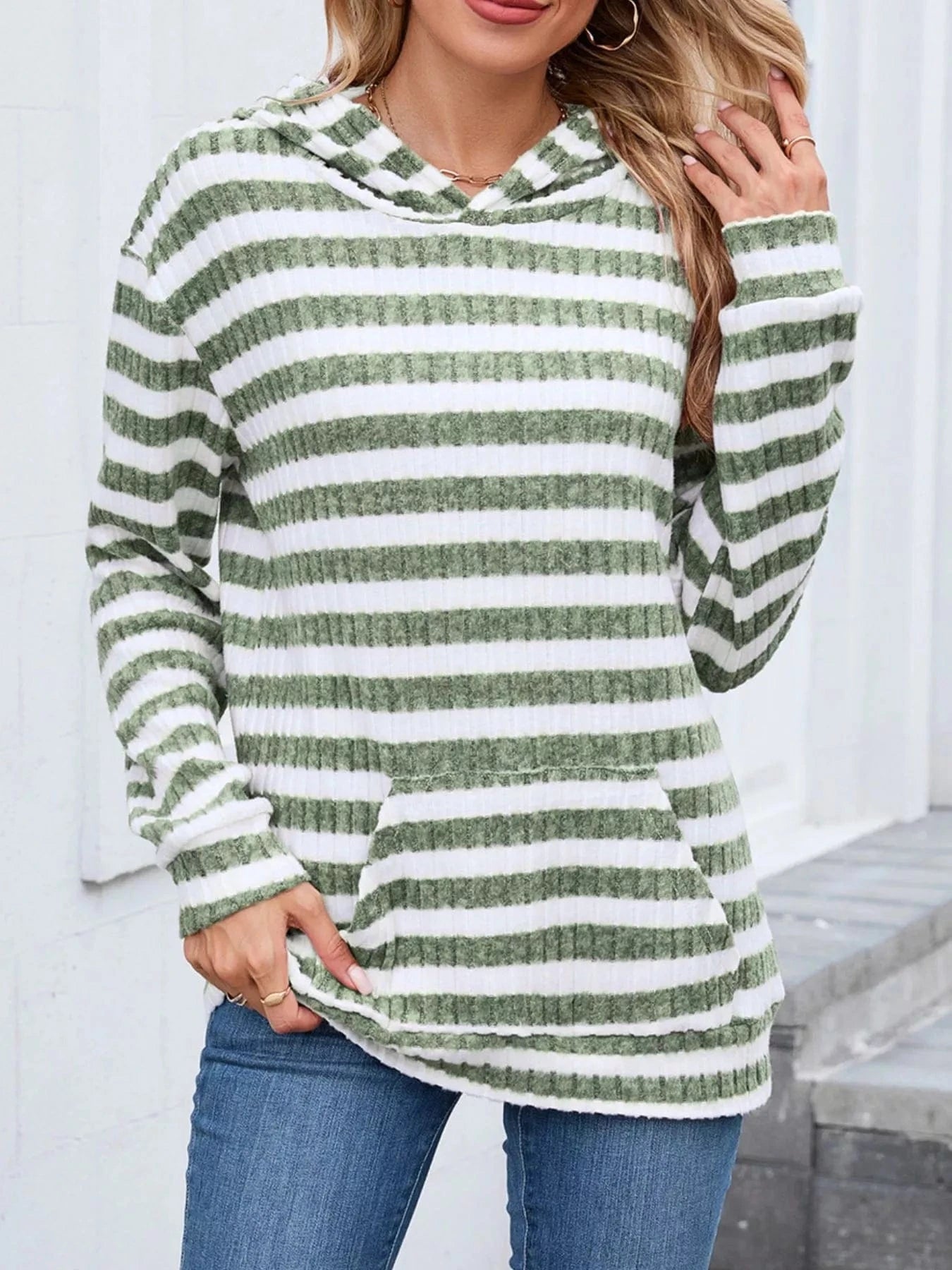 Bean Green Stripes Striped Dropped Shoulder Hoodie Tops and sweaters and T-Shirts