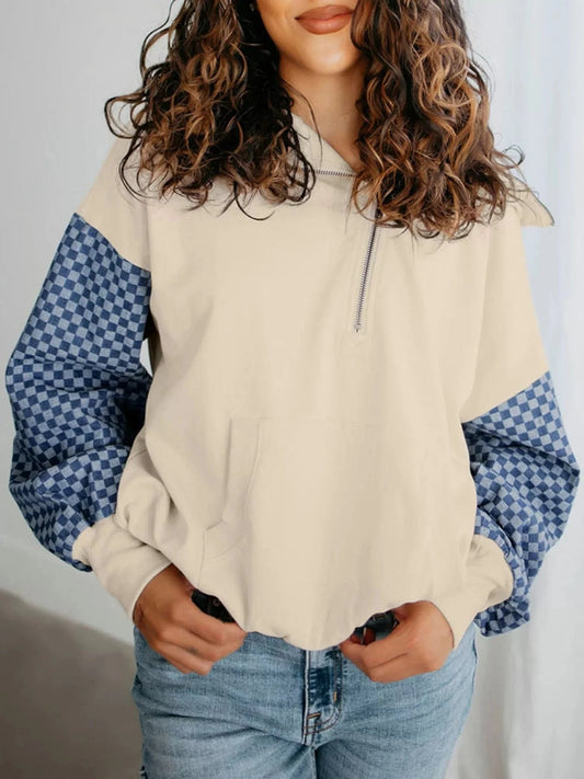 Beige Checkered Color Block Half Zip Sweatshirt Tops and sweaters and T-Shirts