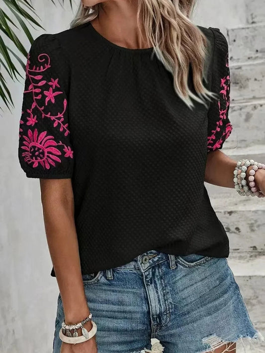 Black Embroidered Round Neck Short Sleeve Blouse Tops and sweaters and T-Shirts