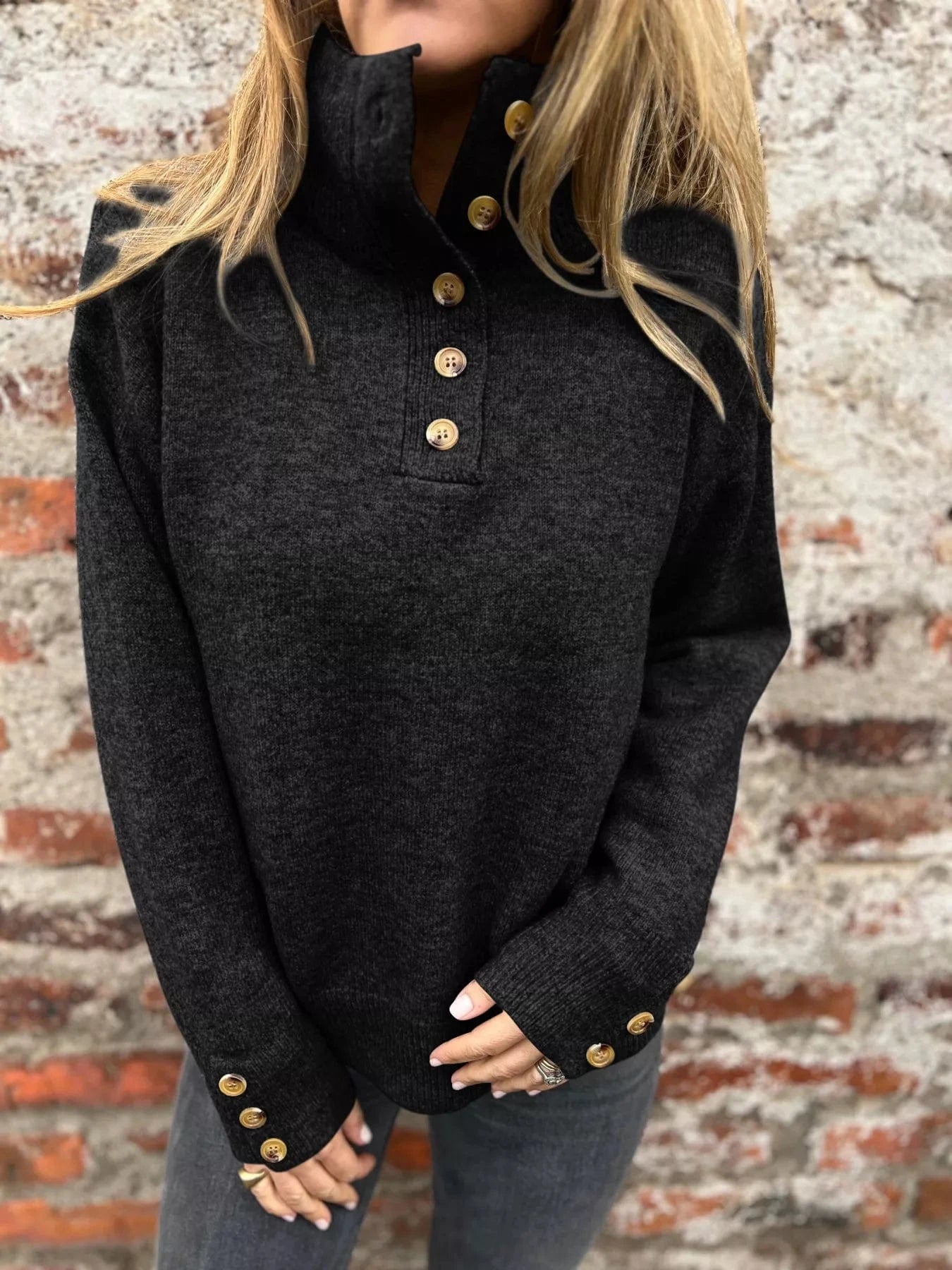 Black Full Size Button-Detail Turtleneck Sweater Plus Size Tops and sweaters and T-Shirts