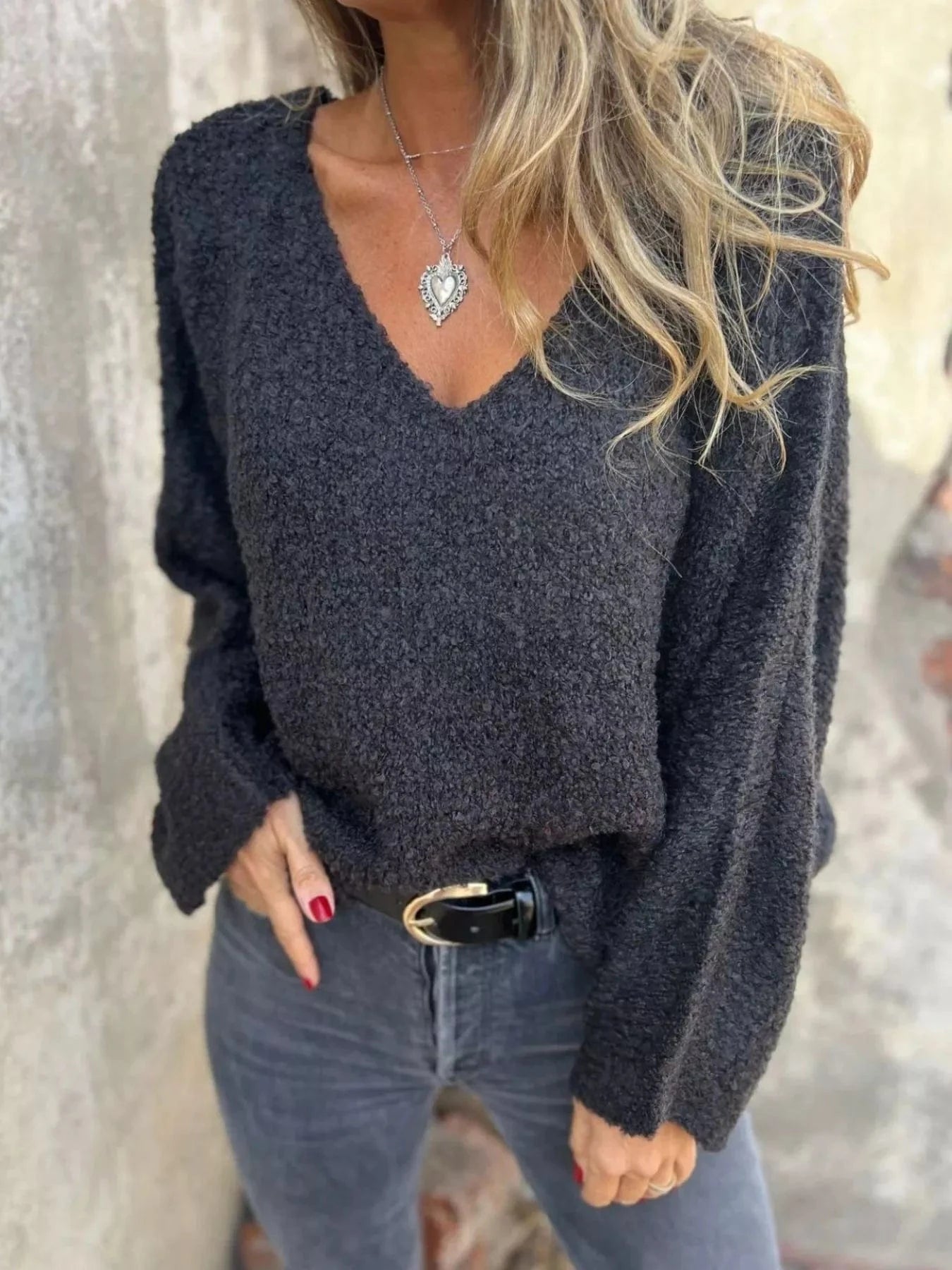 Black Full Size V-Neck Long Sleeve Sweater Plus Size Tops and sweaters and T-Shirts